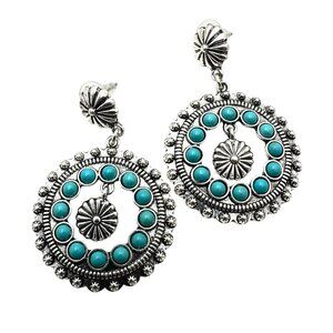 Western Style Silver Tone Chandelier Pierced Earrings Blue Faux Turquoise 2"